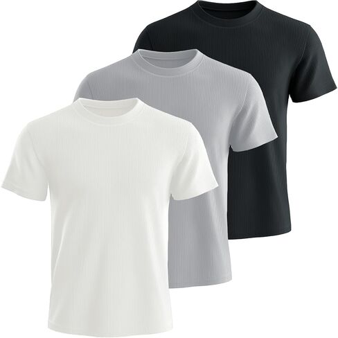 Huukeay 3 Pack Men's Big and Tall Ribbed T Shirts Crew Neck Short Sleeve Plus Size Tees Casual Slim Fit Knit Shirts in Kuwait