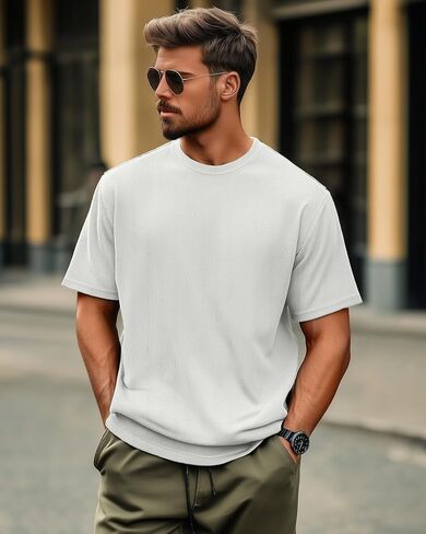 Huukeay 3 Pack Men's Big and Tall Ribbed T Shirts Crew Neck Short Sleeve Plus Size Tees Casual Slim Fit Knit Shirts in Kuwait