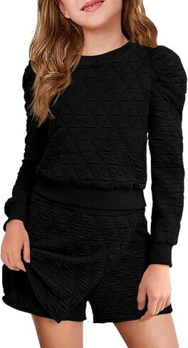 Haloumoning Girls 2 Piece Fall Outfits Clothing Sets Kids Puff Long Sleeve Argyle Sweatshirts and Wrap Skorts 5-14 Years in Saudi Arabia