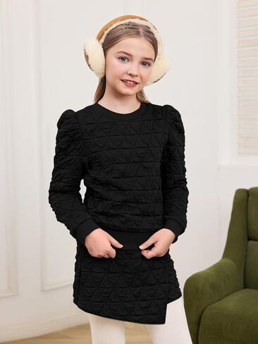 Haloumoning Girls 2 Piece Fall Outfits Clothing Sets Kids Puff Long Sleeve Argyle Sweatshirts and Wrap Skorts 5-14 Years in Saudi Arabia