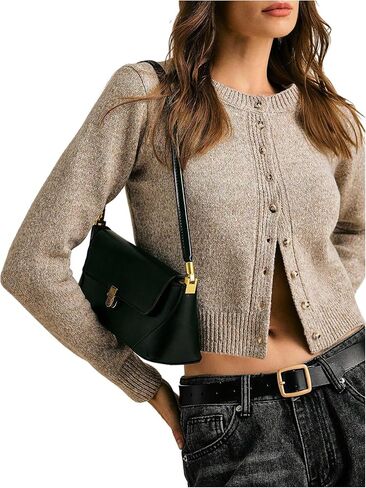 WDIRARA Women's Button Down Cardigan Sweater Crew Neck Long Sleeve Knit Crop Top in Saudi Arabia