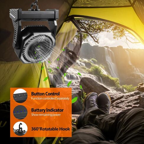 20000mAh Camping Fan, Rechargeable Portable Fan with 400 Lumes Light, 360° Rotatable Hook, 270° Pivot, 4 Speeds, 58Hrs Battery Powered for Tent Car Trip Outdoor BBQ Hurricane Power Outages in Kuwait