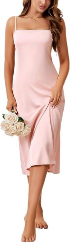 Rooscier Women's Satin Spaghetti Strap Slip Nightdress Backless A Line Long Nightgowns in Saudi Arabia