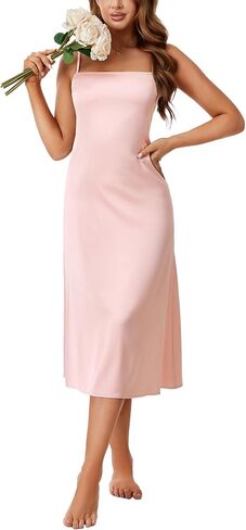 Rooscier Women's Satin Spaghetti Strap Slip Nightdress Backless A Line Long Nightgowns in Saudi Arabia