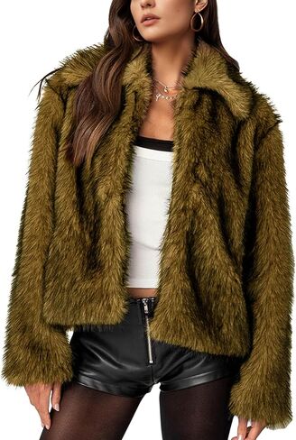 Wyeysyt Women's Faux Fur Coat Lapel Fluffy Faux Fur Jacket Long Sleeve Open Front Winter Jackets Parka Shaggy Short Coat in Saudi Arabia