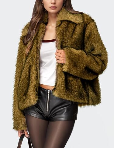 Wyeysyt Women's Faux Fur Coat Lapel Fluffy Faux Fur Jacket Long Sleeve Open Front Winter Jackets Parka Shaggy Short Coat in Saudi Arabia