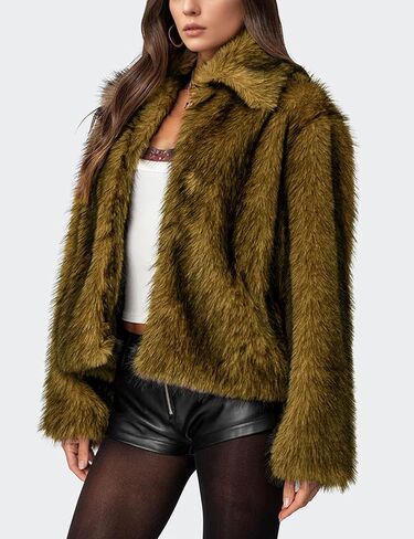 Wyeysyt Women's Faux Fur Coat Lapel Fluffy Faux Fur Jacket Long Sleeve Open Front Winter Jackets Parka Shaggy Short Coat in Saudi Arabia