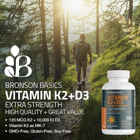 Bronson Vitamin K2 (MK7) with D3 Supplement Extra Strength 2 in 1 Support, 10,000 IU Vitamin D3 & 120 mcg K2 MK-7, 120 Tablets in Saudi Arabia