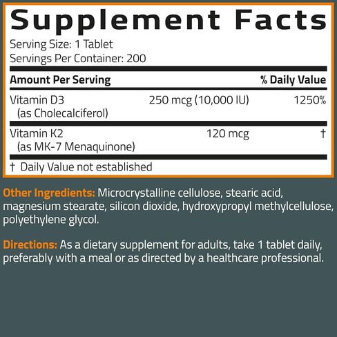 Bronson Vitamin K2 (MK7) with D3 Supplement Extra Strength 2 in 1 Support, 10,000 IU Vitamin D3 & 120 mcg K2 MK-7, 120 Tablets in Saudi Arabia