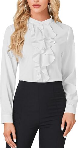 LYANER Women's Mock Neck Button Down Ruffle Front Long Sleeve Work Shirt Blouse Tops in Saudi Arabia