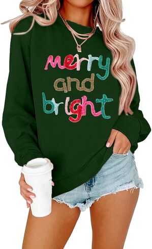MOUSYA Oversized Christmas Pullovers Women Merry Bright Colorful Letter Printed Sweatshirt Christmas Long Sleeve Sweatshirt in Kuwait