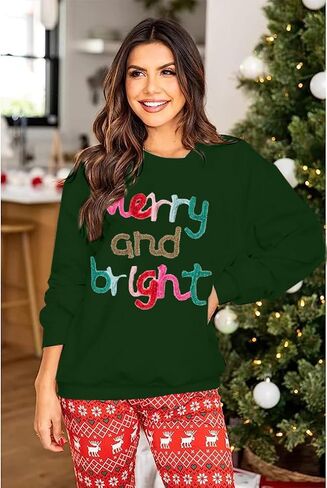 MOUSYA Oversized Christmas Pullovers Women Merry Bright Colorful Letter Printed Sweatshirt Christmas Long Sleeve Sweatshirt in Kuwait