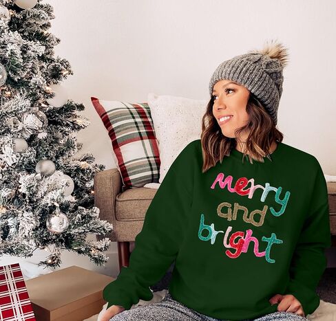 MOUSYA Oversized Christmas Pullovers Women Merry Bright Colorful Letter Printed Sweatshirt Christmas Long Sleeve Sweatshirt in Kuwait