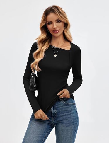 Women's Classy Asymmetrical Neck Long Sleeve Shirts Slim Fitted Ruched Trendy Going Out Tops 2025 in Saudi Arabia