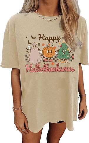 تي شيرت نسائي Happy Hallothanksmas للهالوين على شكل هيكل عظمي يقطين تي شيرت برسومات عيد الشكر وعيد الميلاد المخيف in Kuwait
