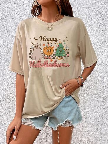 تي شيرت نسائي Happy Hallothanksmas للهالوين على شكل هيكل عظمي يقطين تي شيرت برسومات عيد الشكر وعيد الميلاد المخيف in Kuwait