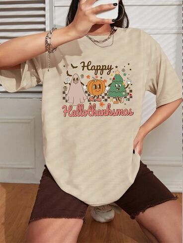 تي شيرت نسائي Happy Hallothanksmas للهالوين على شكل هيكل عظمي يقطين تي شيرت برسومات عيد الشكر وعيد الميلاد المخيف in Kuwait