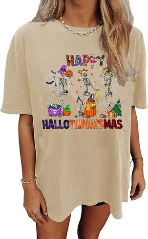 تي شيرت نسائي Happy Hallothanksmas للهالوين على شكل هيكل عظمي يقطين تي شيرت برسومات عيد الشكر وعيد الميلاد المخيف in Kuwait