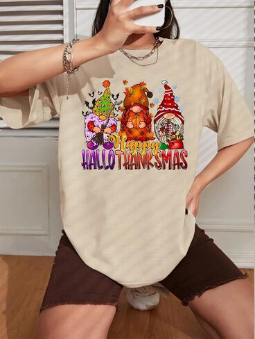تي شيرت نسائي Happy Hallothanksmas للهالوين على شكل هيكل عظمي يقطين تي شيرت برسومات عيد الشكر وعيد الميلاد المخيف in Kuwait