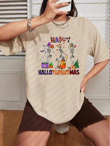 تي شيرت نسائي Happy Hallothanksmas للهالوين على شكل هيكل عظمي يقطين تي شيرت برسومات عيد الشكر وعيد الميلاد المخيف in Kuwait