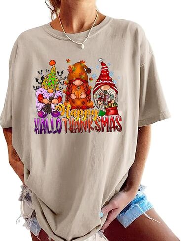 تي شيرت نسائي Happy Hallothanksmas للهالوين على شكل هيكل عظمي يقطين تي شيرت برسومات عيد الشكر وعيد الميلاد المخيف in Kuwait