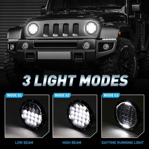 7 Inch Round LED Headlight, DOT Approved H6024 Hi/Lo Beam with DRL, Black Housing - Compatible with J-eep Wrangler JK/JKU/TJ/LJ/CJ, Chevy, F-ord& More | High Brightness in Saudi Arabia