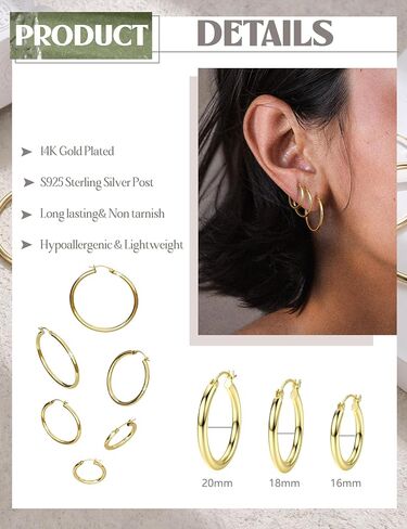 3 Pairs Sterling Silver Hoop Earrings Lightweight Gold/Silver Hoop Earrings for Women Large Silver Sleeper Earrings Gold Hoops 16/18/20MM in Saudi Arabia