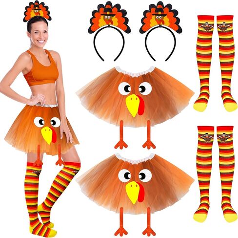 QZYL Thanksgiving Outfit Women, Turkey Trot Costume, Turkey Tutu Dress Headband Socks, Thanksgiving Turkey Cosplay for Adult in Saudi Arabia