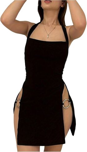 GORGLITTER Women's Backless Mini Bodycon Dress Slit Split Thigh Cut Out Ring Halter Sexy Dresses in Saudi Arabia