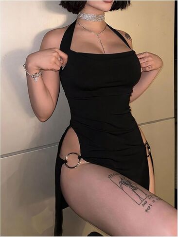 GORGLITTER Women's Backless Mini Bodycon Dress Slit Split Thigh Cut Out Ring Halter Sexy Dresses in Saudi Arabia
