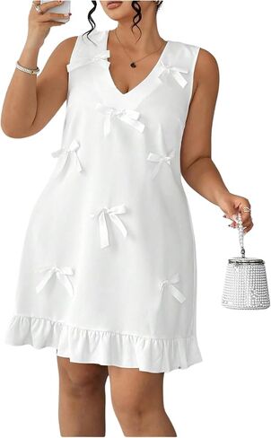 SHENHE Women's Plus Size Bow Dress Sleeveless Ruffle Hem V Neck Flowy Elegant Shift Dress in Saudi Arabia