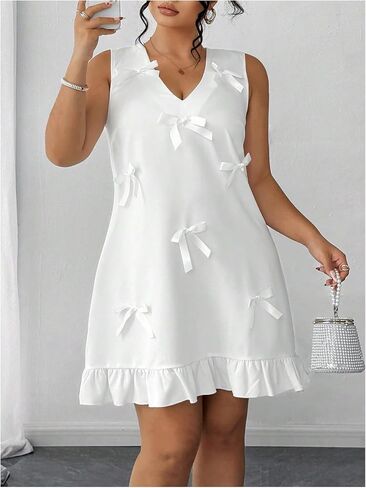 SHENHE Women's Plus Size Bow Dress Sleeveless Ruffle Hem V Neck Flowy Elegant Shift Dress in Saudi Arabia
