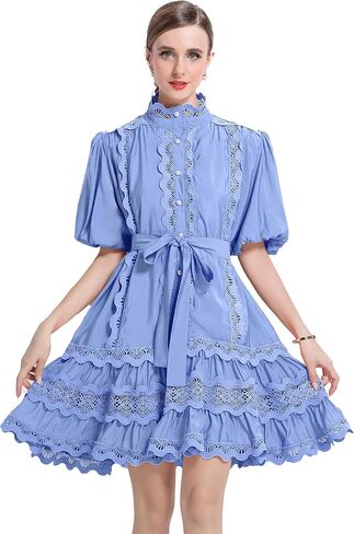 LAI MENG FIVE CATS Women Vintage Mock Neck Puff Sleeve Lace Ruffled Button Loose Mini Dress in Saudi Arabia