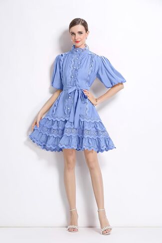LAI MENG FIVE CATS Women Vintage Mock Neck Puff Sleeve Lace Ruffled Button Loose Mini Dress in Saudi Arabia