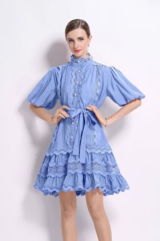 LAI MENG FIVE CATS Women Vintage Mock Neck Puff Sleeve Lace Ruffled Button Loose Mini Dress in Saudi Arabia