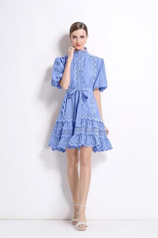 LAI MENG FIVE CATS Women Vintage Mock Neck Puff Sleeve Lace Ruffled Button Loose Mini Dress in Saudi Arabia