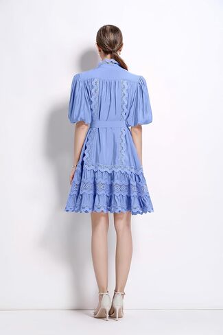 LAI MENG FIVE CATS Women Vintage Mock Neck Puff Sleeve Lace Ruffled Button Loose Mini Dress in Saudi Arabia