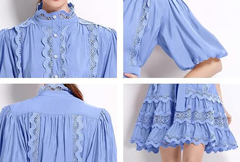LAI MENG FIVE CATS Women Vintage Mock Neck Puff Sleeve Lace Ruffled Button Loose Mini Dress in Saudi Arabia