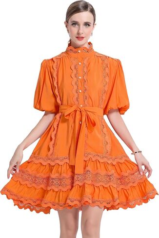LAI MENG FIVE CATS Women Vintage Mock Neck Puff Sleeve Lace Ruffled Button Loose Mini Dress in Saudi Arabia