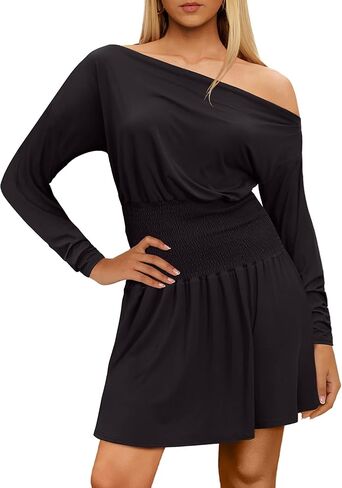 HYPERFIRE Women's Off The Shoulder Long Sleeve Asymmetrical Dress Drop Waist Flowy Dresses Party Going Out in Kuwait