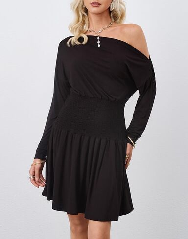 HYPERFIRE Women's Off The Shoulder Long Sleeve Asymmetrical Dress Drop Waist Flowy Dresses Party Going Out in Kuwait