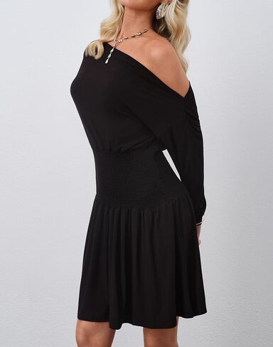 HYPERFIRE Women's Off The Shoulder Long Sleeve Asymmetrical Dress Drop Waist Flowy Dresses Party Going Out in Kuwait