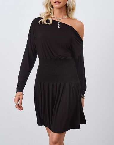HYPERFIRE Women's Off The Shoulder Long Sleeve Asymmetrical Dress Drop Waist Flowy Dresses Party Going Out in Kuwait