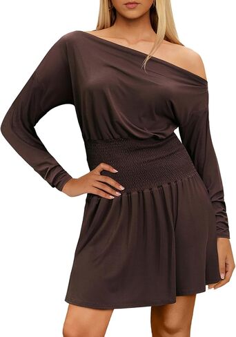 HYPERFIRE Women's Off The Shoulder Long Sleeve Asymmetrical Dress Drop Waist Flowy Dresses Party Going Out in Kuwait