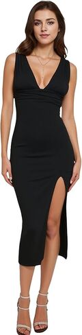 فساتين Bodycon للسيدات بفتحة رقبة على شكل V عميقة وحزام كتف عريض، فساتين صيفية مثيرة بفتحة عالية وفتحة عالية in Kuwait