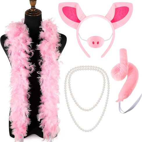 Haysandy 5 Pcs Pig Costume Accessories Set Pink Pig Ears Headband Nose Tail Feather Boa Pearl Necklace Pink Animal Fancy Costume Kit Accessories for Adult Halloween Cosplay Dress up Party in Saudi Arabia