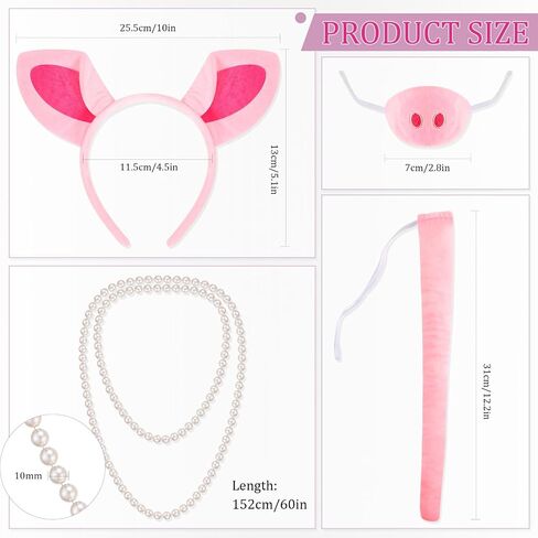 Haysandy 5 Pcs Pig Costume Accessories Set Pink Pig Ears Headband Nose Tail Feather Boa Pearl Necklace Pink Animal Fancy Costume Kit Accessories for Adult Halloween Cosplay Dress up Party in Saudi Arabia