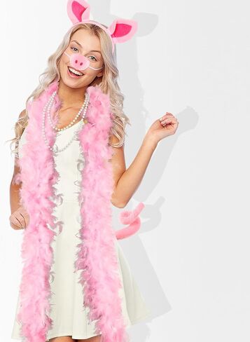 Haysandy 5 Pcs Pig Costume Accessories Set Pink Pig Ears Headband Nose Tail Feather Boa Pearl Necklace Pink Animal Fancy Costume Kit Accessories for Adult Halloween Cosplay Dress up Party in Saudi Arabia