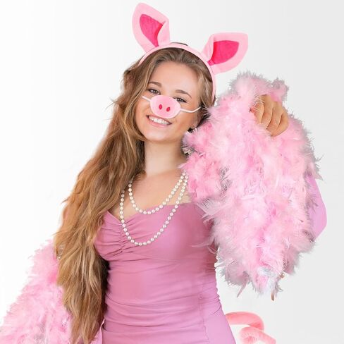 Haysandy 5 Pcs Pig Costume Accessories Set Pink Pig Ears Headband Nose Tail Feather Boa Pearl Necklace Pink Animal Fancy Costume Kit Accessories for Adult Halloween Cosplay Dress up Party in Saudi Arabia