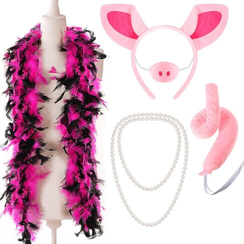 Haysandy 5 Pcs Pig Costume Accessories Set Pink Pig Ears Headband Nose Tail Feather Boa Pearl Necklace Pink Animal Fancy Costume Kit Accessories for Adult Halloween Cosplay Dress up Party in Saudi Arabia